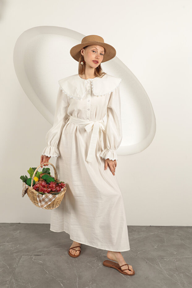 Modal Kumaş Dantelli Elbise - 4