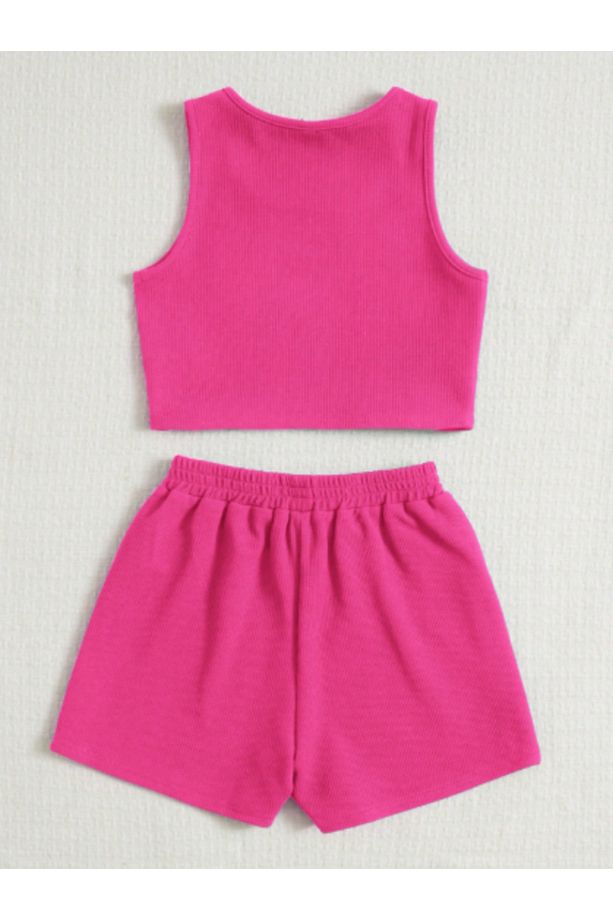 Ribanalı İkili Takım – Crop Top & Şort | Çocuk ve Genç Kız Yaz Kombini | Fitilli Crop ve Şort Takımı - 2