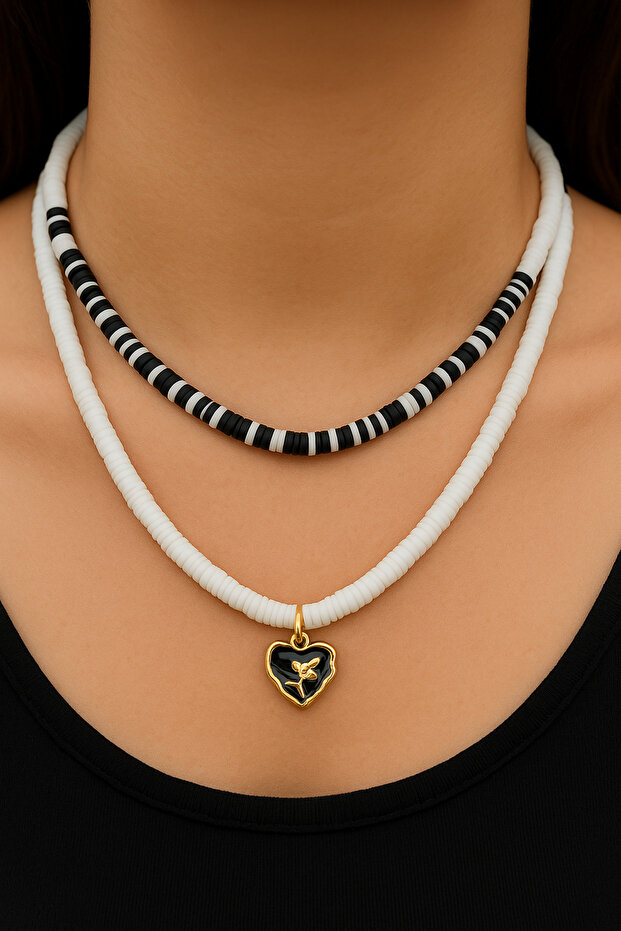 Black-White Fimo Beaded Lucky Necklace | Double Heart Beaded Necklace