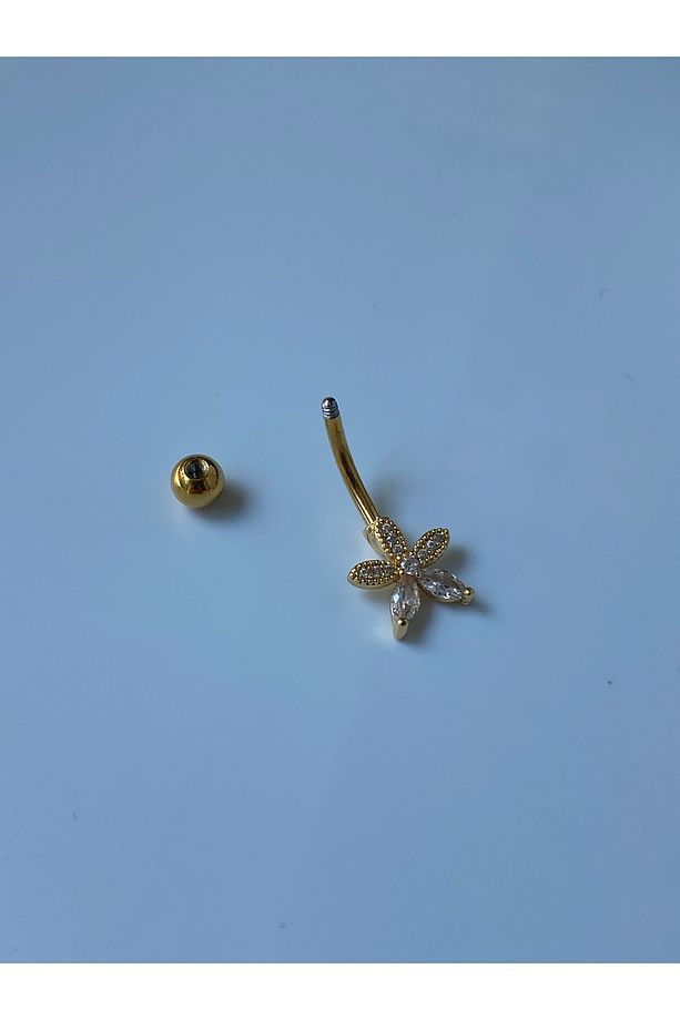 Çelik Göbek Piercing Taşlı Parlak Meksika Papatyası Çiçek Minimal Model - 5