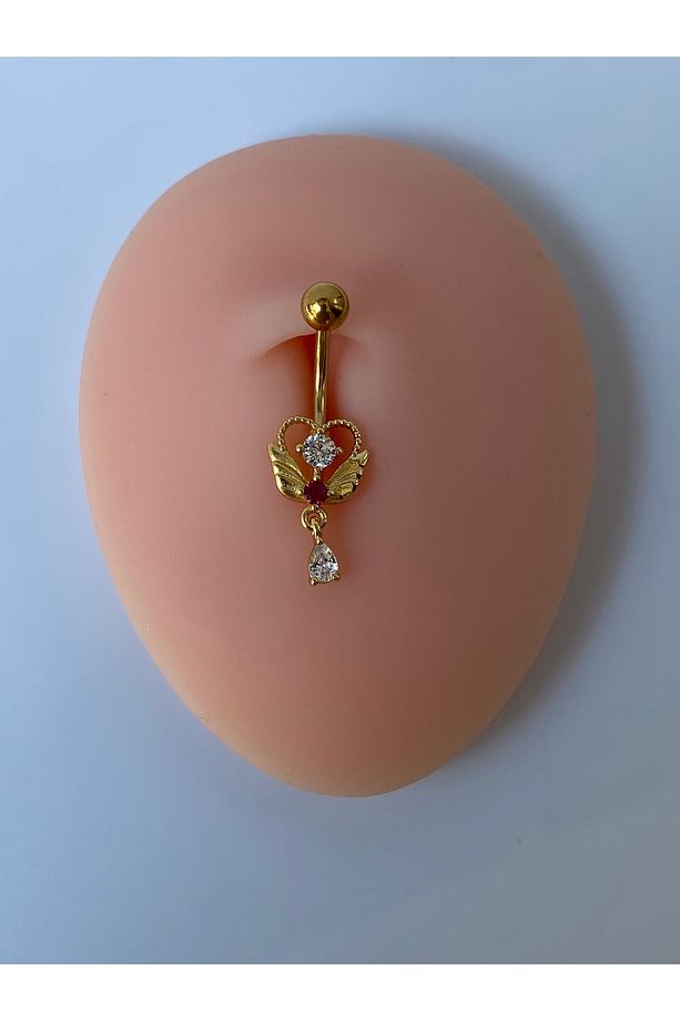 Çelik Göbek Piercing Kanatlı Kalp Melek Zirkon Taşlı Model - 2