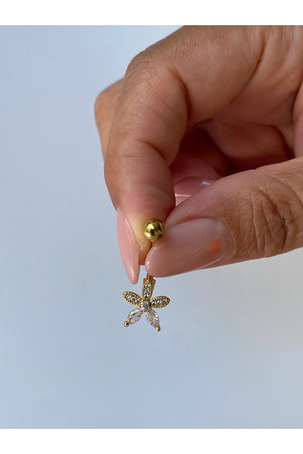 Çelik Göbek Piercing Taşlı Parlak Meksika Papatyası Çiçek Minimal Model - 3