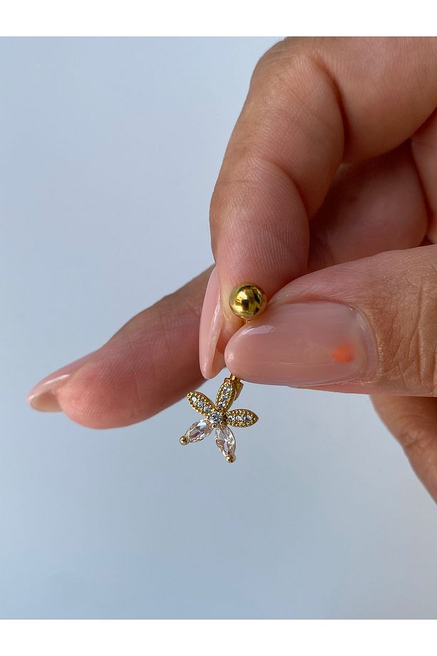 Çelik Göbek Piercing Taşlı Parlak Meksika Papatyası Çiçek Minimal Model - 7