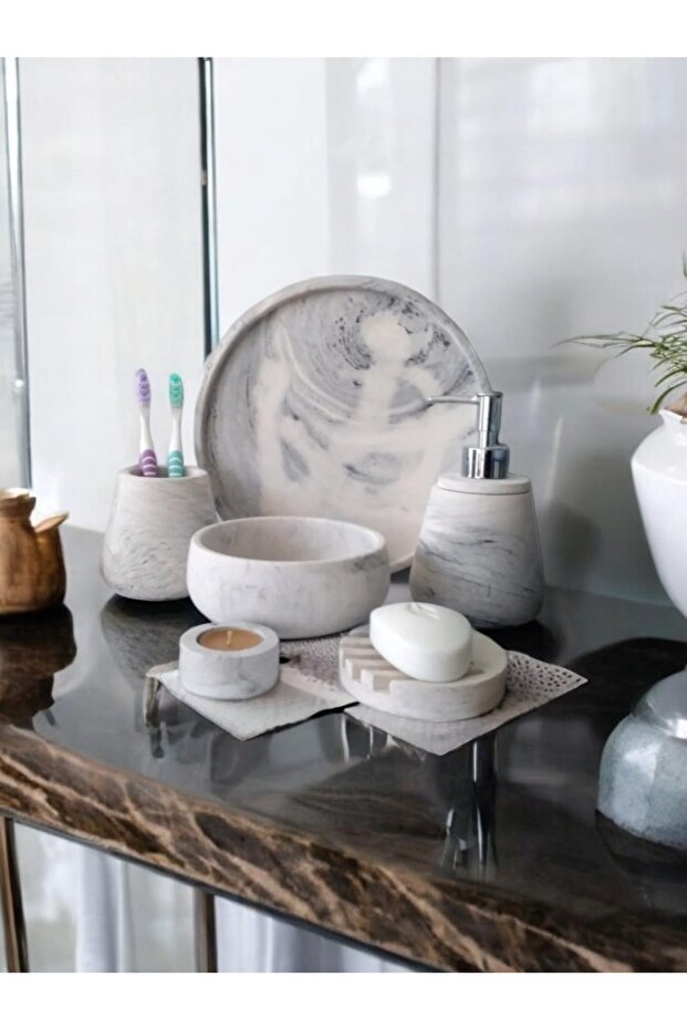 6-Piece Marble Pattern Concrete Bathroom Set, Soap Dish, Toothbrush Holder, Accessories, Towel Holder, Tray, Candle Holder, Decoration