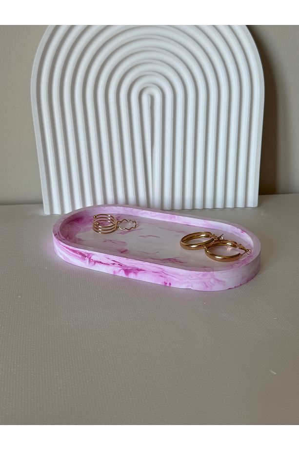 El Yapımı Pembe Mermer Desenli Oval Takı & Sunum Tabağı - 4