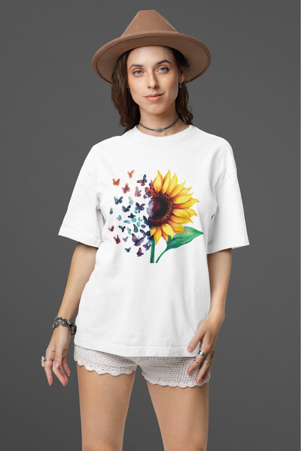 100% Cotton Women/Girl - Butterfly and Sunflower - Transfer Printed Round Neck Short Sleeve T-Shirt