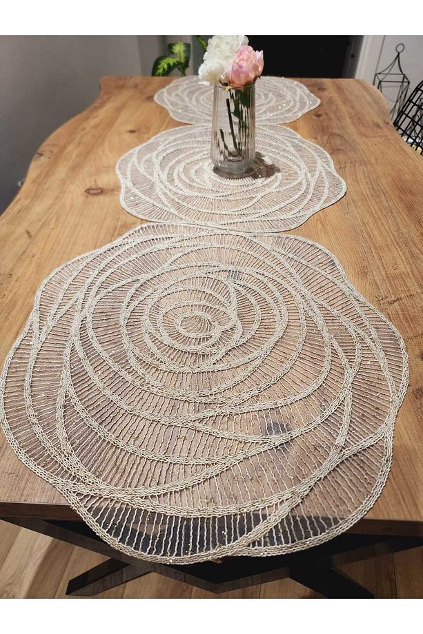 Runner Lüx Masa Örtüsü Dantel Gold Simli Bej (SÜTLÜ KAHVE) 140x45cm - 3