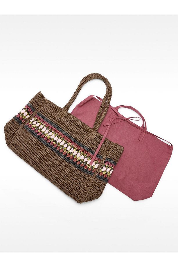 Hasır Görünümlü Örgü Detaylı Shopper Çanta. - 5