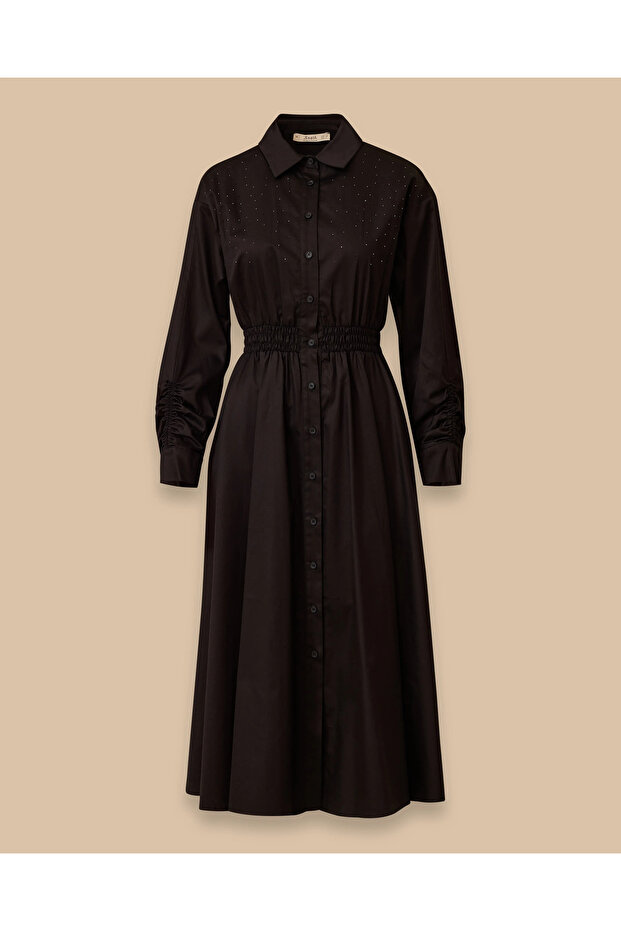 Taş Detaylı Elastik Bel Düğmeli Elbise - 6