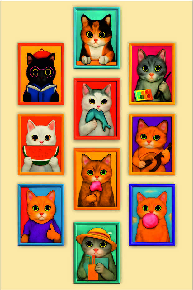 12 Piece Cat Painting Set Wooden Frame Look Mdf Painting Set with Cat