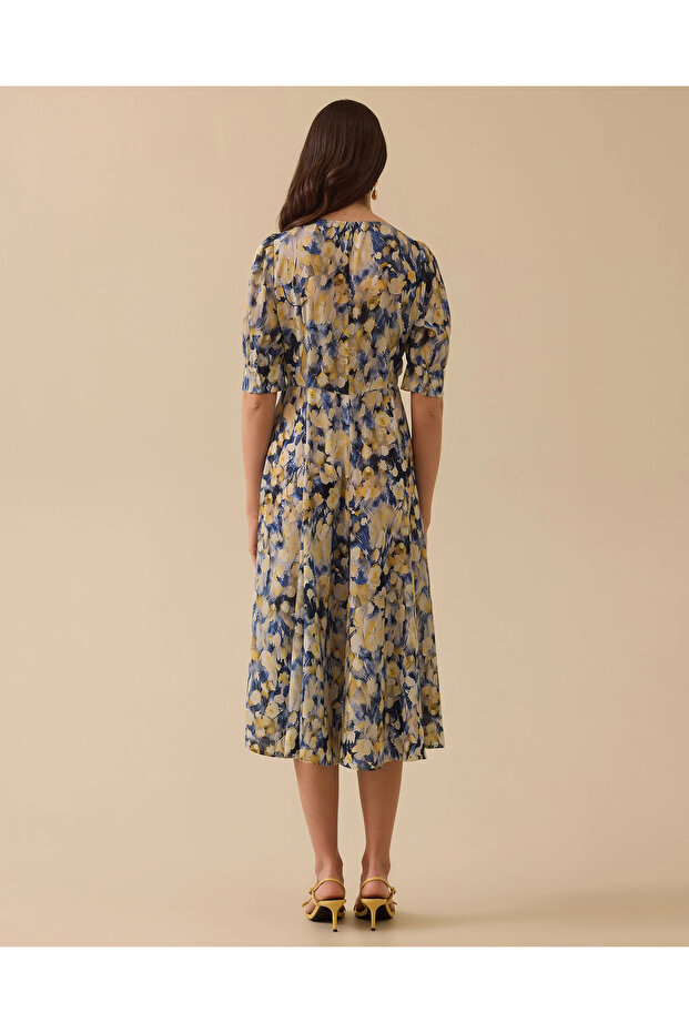 V Yaka Desenli Elbise - 4