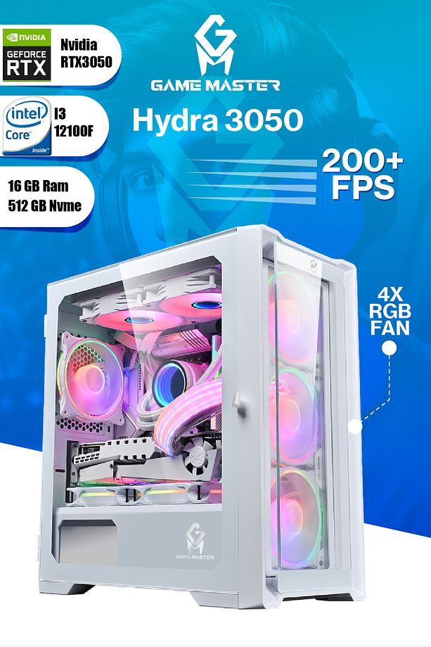 Game Master Hydra 3050 İntel i3-12100F CPU 16GB DDR4 RAM 512GB M.2 SSD RTX3050 Beyaz Gaming Pc - 1
