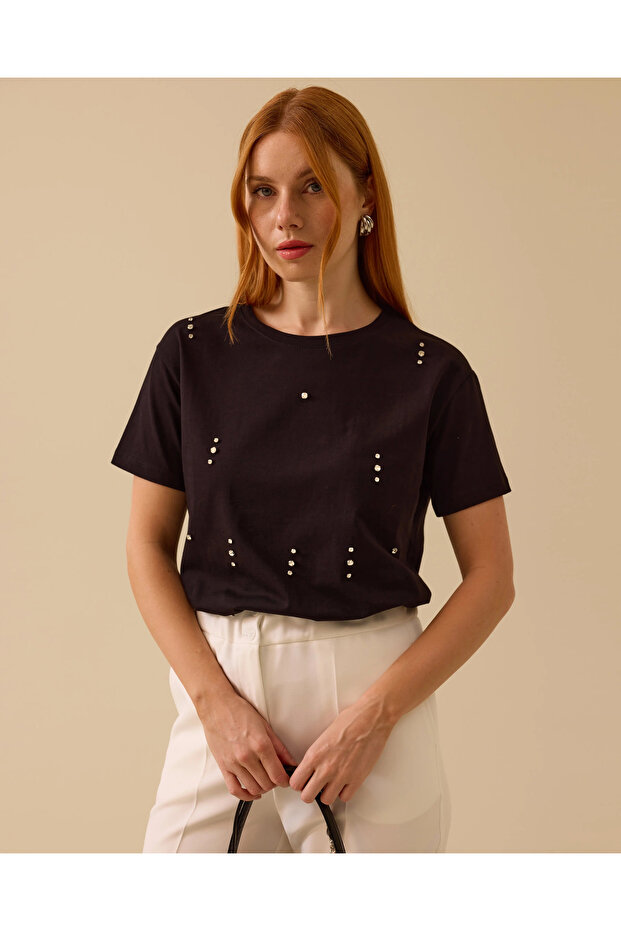 Taş Detaylı Basic Tişört - 1