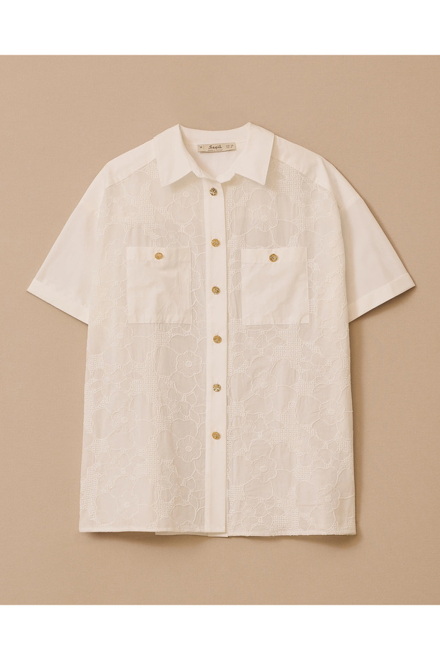 Çiçek Desenli Düğmeli Gömlek - 5