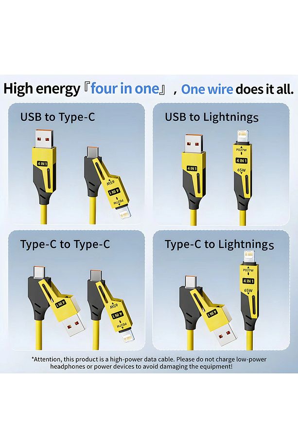 4in1 PD 65 Watt Type-C/27 Watt iPhone Spiral Kablo Kırılmaz Uç 1.5 Metre Hızlı Şarj ve Data Kablosu - 3