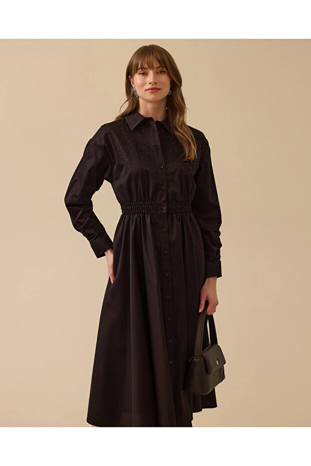 Taş Detaylı Elastik Bel Düğmeli Elbise - 2