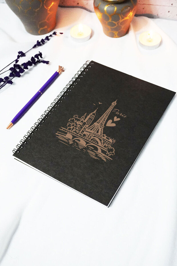 A5 Paris (Eyfel) Black Kraft Cover Unlined Notebook - 60 Sheets (120 Pages) 15X21 cm - School Notebook