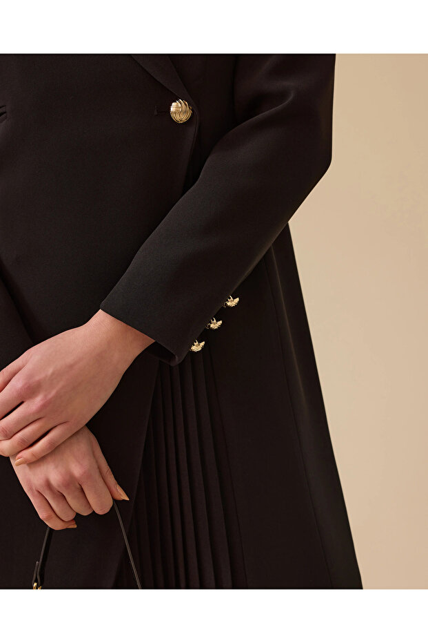 Pile Detaylı Tek Düğmeli Uzun Ceket - 5