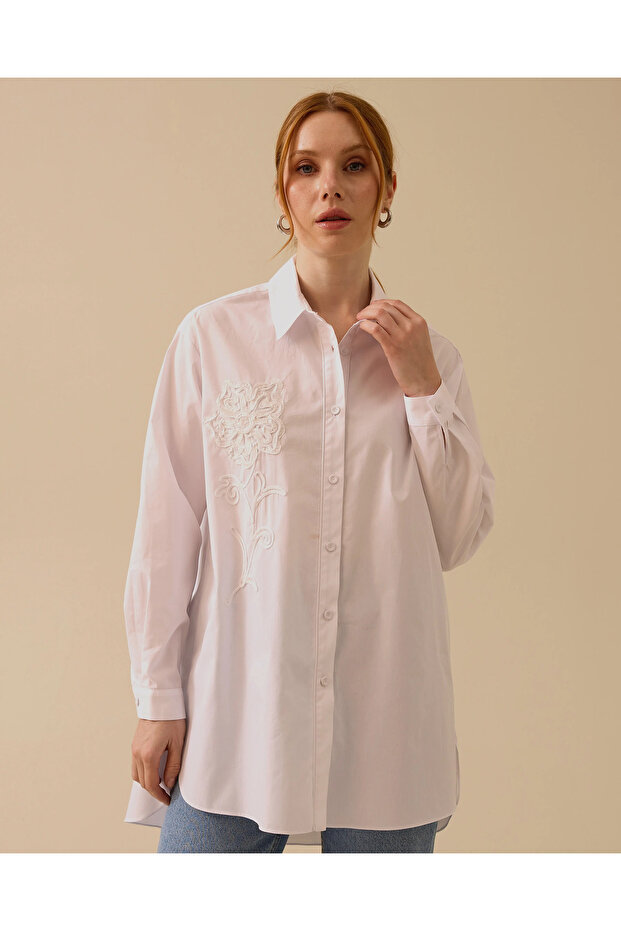 Çiçek İşlemeli Oversize Gömlek Tunik - 2