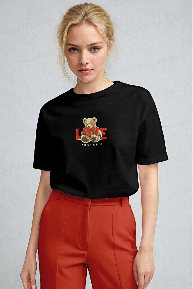 Women's Black Love Teddy Bear Teddy Bear Print Regular Fit Regular Fit T-Shirt