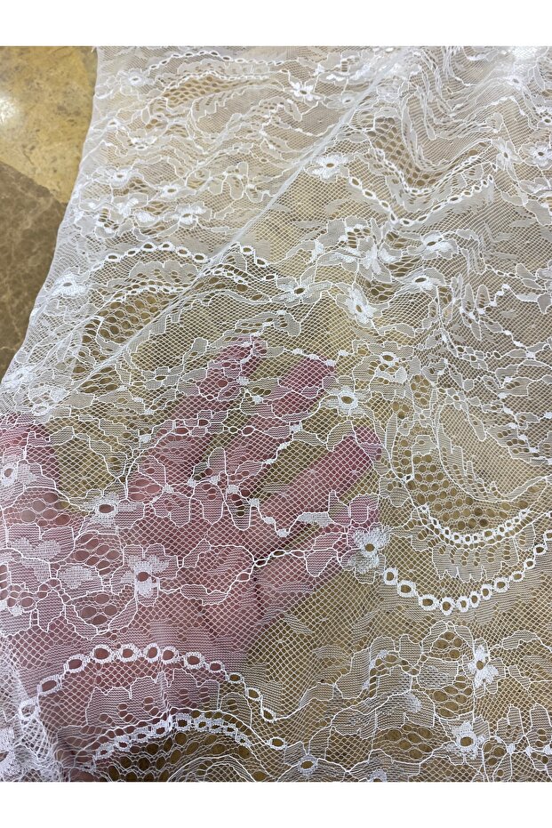 White Lez Lace Fabric – 140 cm Width, Floral Patterned Transparent Tulle