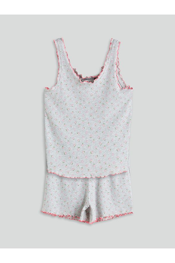 U Yaka Çiçekli Kadın Şortlu Pijama Takım - 5
