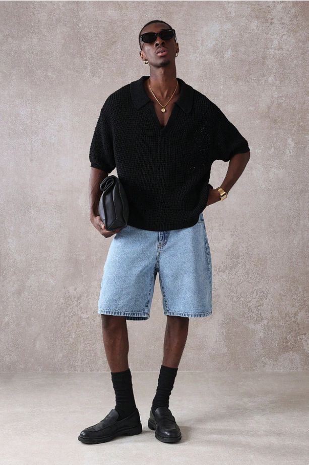 Erkek Baggy Fit Kot Şort Lacivert - 3