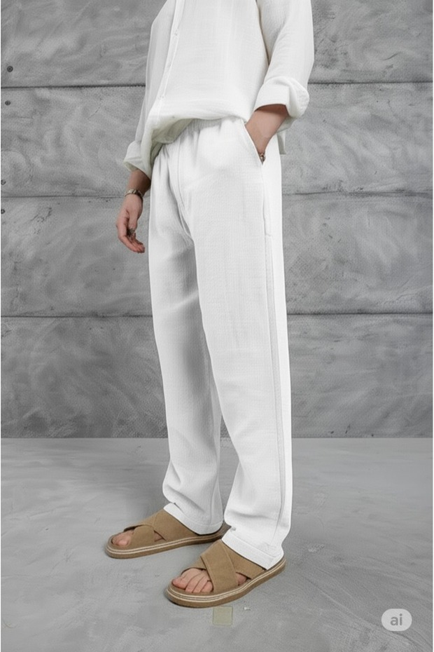 Men's White Summer Muslin Linen Blended Fabric Relaxed Cut Pantalon