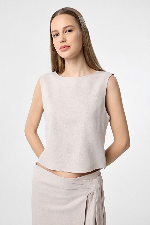 Beige Linen Blend Women's Blouse