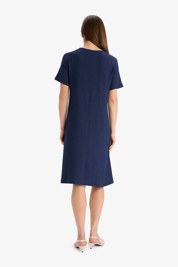 Regular Fit Apaş Yaka Basic Düz Bürümcük Kısa Kollu Midi Elbise D3834AX25SM - 5