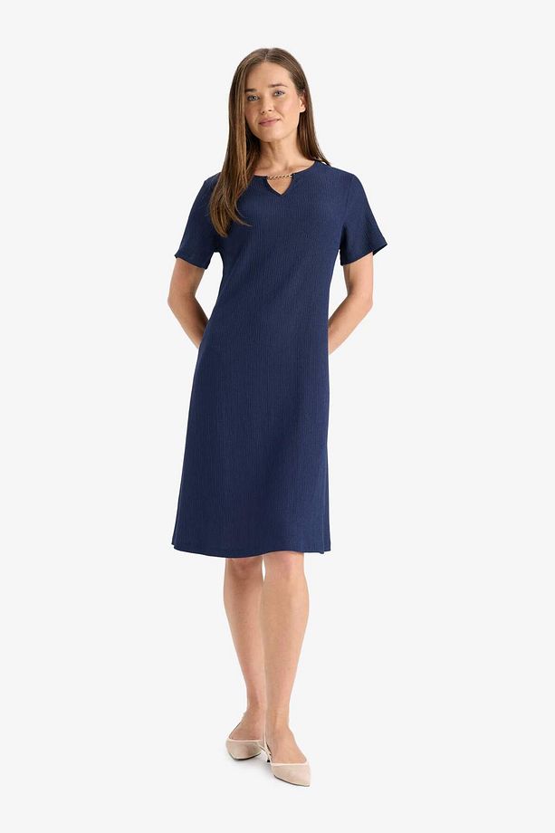 Regular Fit Apaş Yaka Basic Düz Bürümcük Kısa Kollu Midi Elbise D3834AX25SM - 1