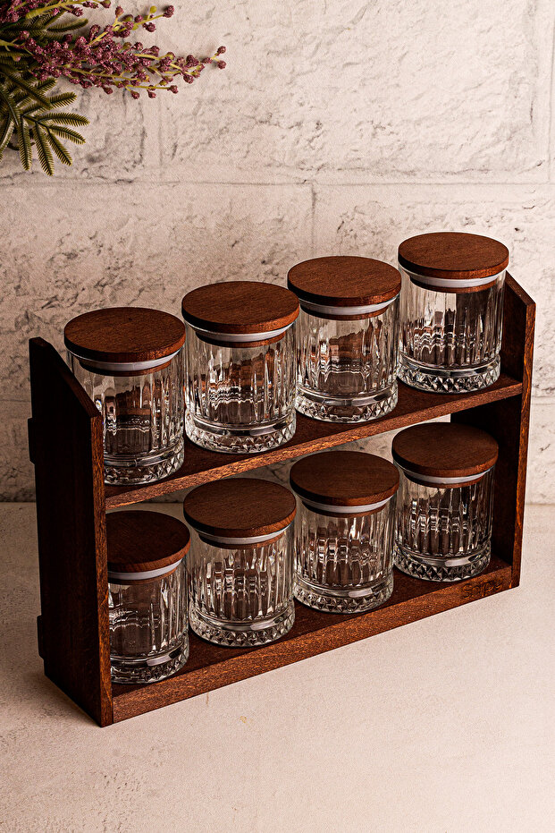 Mira Small - مجموعة أواني تخزين توابل زجاجية مفرغة من الهواء مع 8 أغطية خشبية مع حامل 210 مل - 5