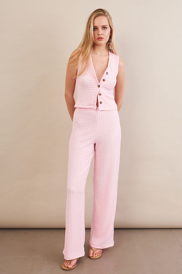 Kadın Pembe Gofre Yelek Pantalon Takım FLU330 - 5