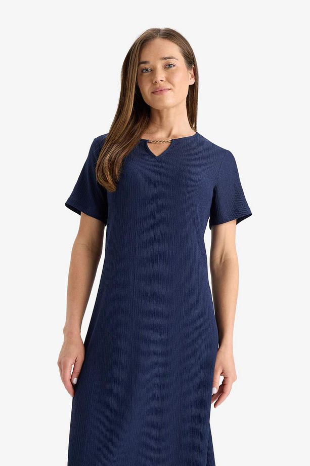 Regular Fit Apaş Yaka Basic Düz Bürümcük Kısa Kollu Midi Elbise D3834AX25SM - 2