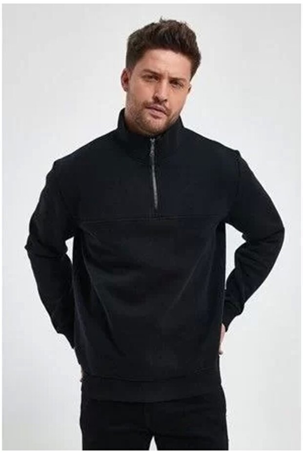 Oversize Half Zip Collar Basic Sweatshirt - Black