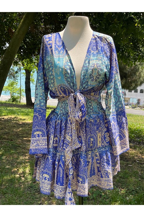 İpek Bağlamalı Üst Mini Etek Boho Sarı Takım - 6
