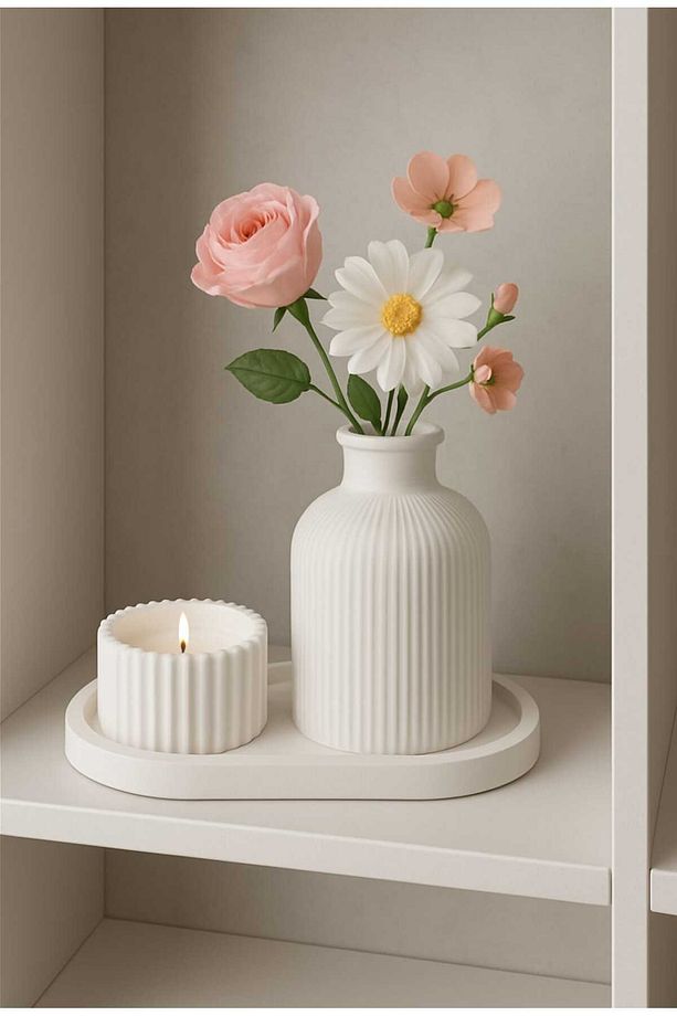 Dekoratif 3'lü Set Pampas Vazo, Tealight Mumluk, Alt Tabak Dekoratif Obje Biblo - 1