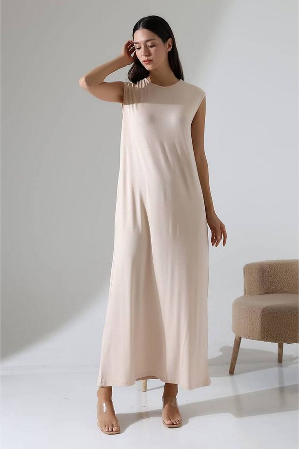Kadın Bej Oversize Sıfır Kol Bisiklet Yaka Basic Günlük Uzun Içlik Tunik Viscon Kumaş - 4