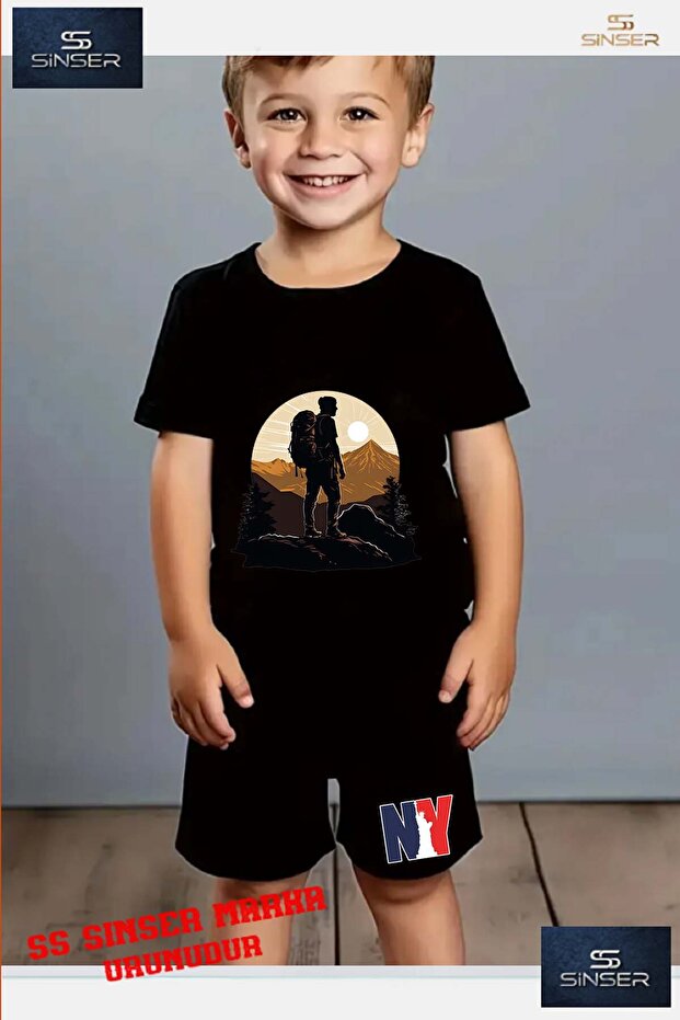 Children's "Dag Man" Special Printed Crew Neck T-Shirt - Shorts Set