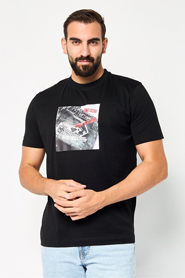 Men Crew Neck Short Sleeve Graphic Print T-Shirt, Black