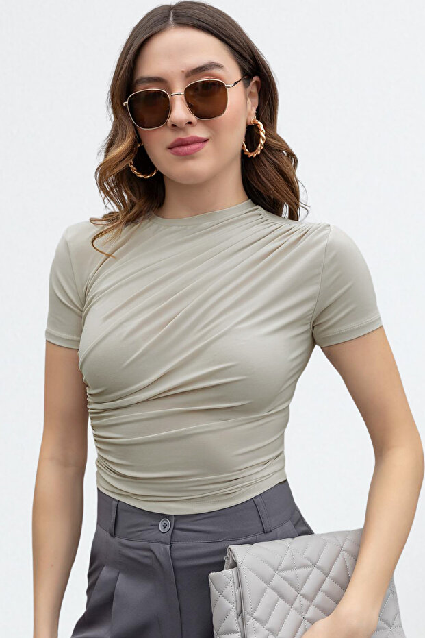 Women's Light Beige Crew Neck Gathered Sandy Short Sleeve Blouse