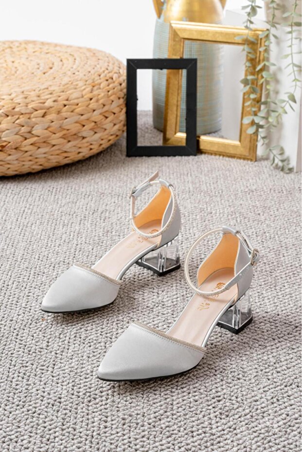 Silver Seten Zoe Style Comfortable Women's Evening Shoes with Thick Heels