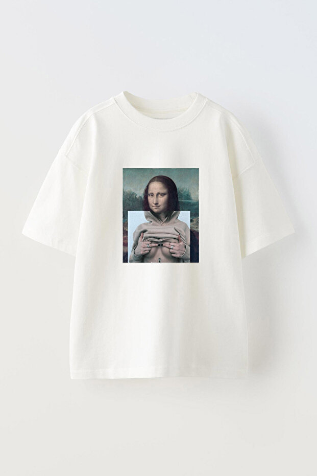 Mona Lisa Mf Canvas Mounted Front Printed Cotton White Oversize t Shirt