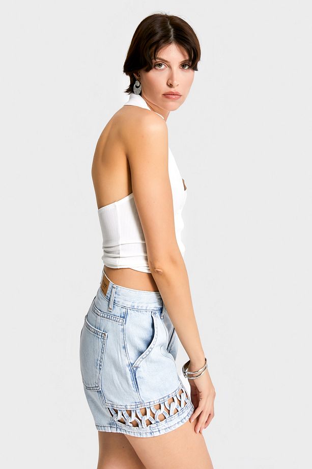 Kadın Snow Kot Rengi 3s5-3 Mini Boy Paça Detaylı %100 Koton Tasarım Denim Şort - 6