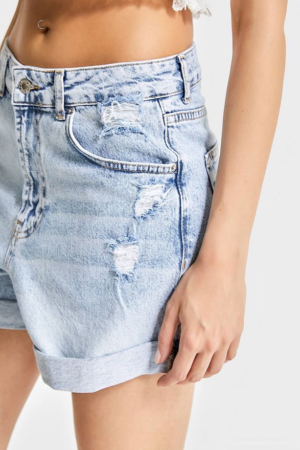 Kadın Snow Kot Rengi 12s5-3 Midi Boy Yırtık Detaylı Duble Paça %100 Koton Denim Şort - 3