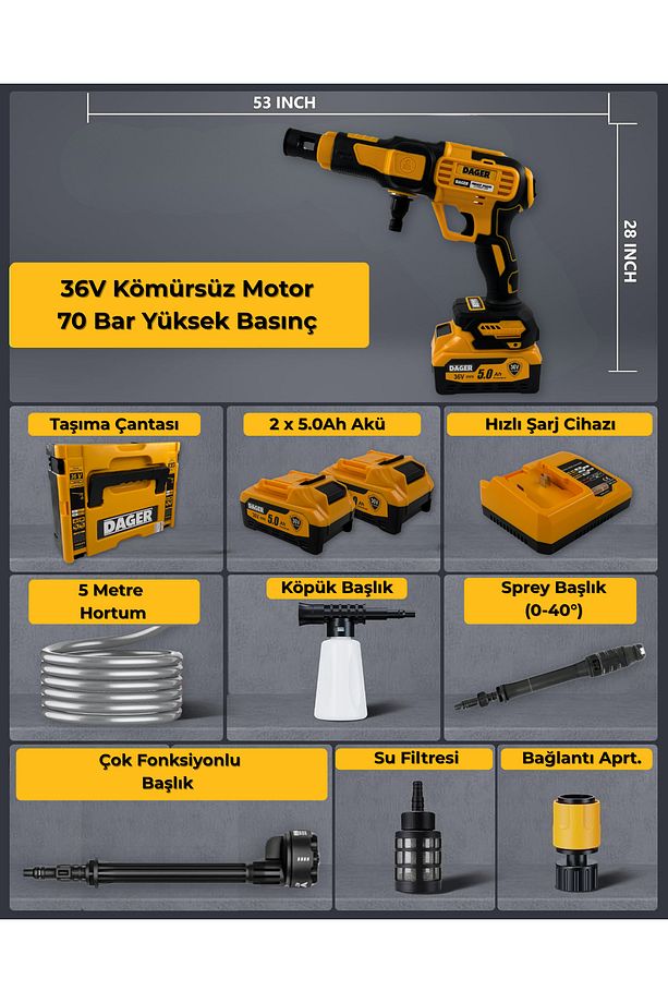 AQUA FORCE 36V Kömürsüz Şarjlı Yüksek Basınçlı Yıkama Makinesi Set | Çift 5.0Ah Akü + Köpük | 70 Bar - 8