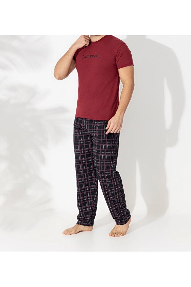 Men's Plaid Burgundy Black Combed Cotton Pajama Bottoms with Pockets