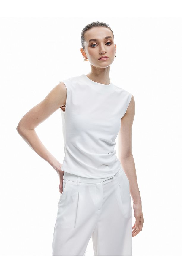 Yeni Sezon Krep Scuba Kumaş Drape Detaylı Kolsuz Bisiklet Yaka Atlet - 2