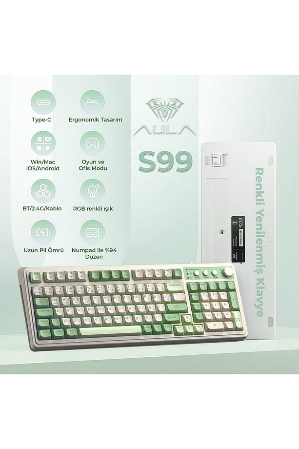 S99 Retro Rgb Gaming 3 Modlu Bluetooth/2.4ghz/usb-c Kablosuz Makrolu Türkçe Q Klavye Yeşil - 3