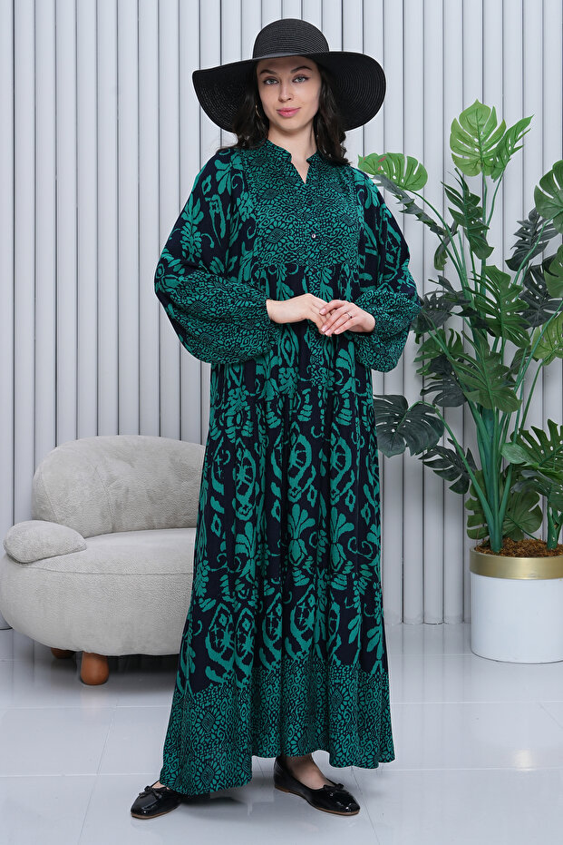 Women's Katkat Patterned Plus Size Viscose Hijab Dress Green